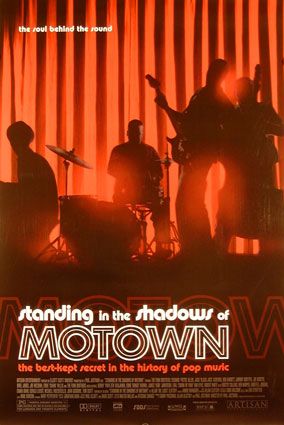 Original Standing in the Shadows of Motown theatrical poster, showing musicians in silhouette against red curtains.